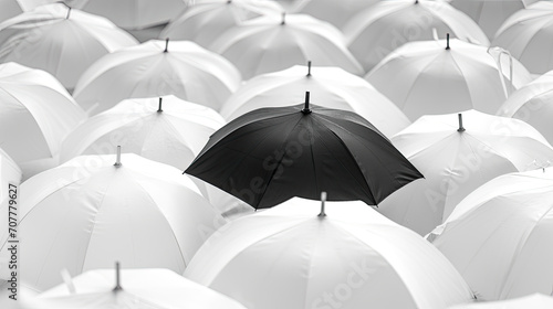 Monochrome Contrast: Black Umbrella Amidst a Sea of White. Generative AI