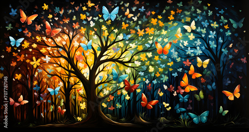 a painting of a tree butterflies and sun