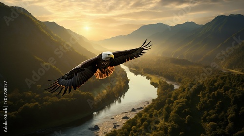Majestic Eagle Soaring Over Sunlit River Valley. Generative ai