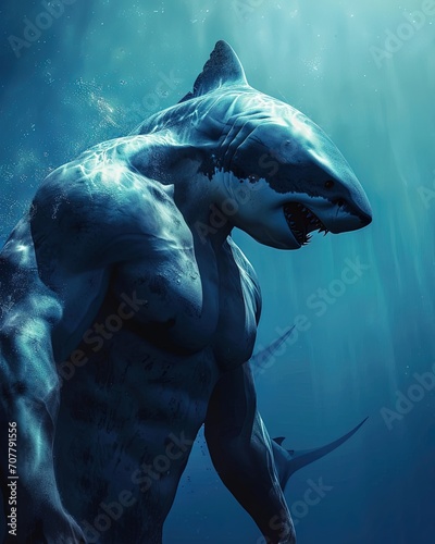 shark human animal hybrid on underwater background