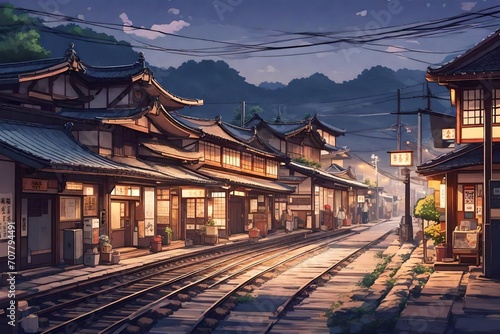 a beautiful japanese village city town in the evening. railway station with shop. anime comics artstyle. cozy lofi asian architecture. 16:9 4k resolution 