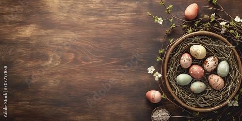 Colorful easter eggs in nest with spring blooming branches on rustic wooden background. Top view with copy space