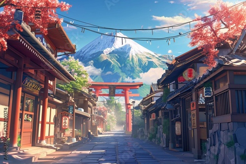 A beautiful Japanese village city town in the morning. Buddhist temple Shinto shrine. anime comics hardstyle. cozy lo-fi asian architecture. mount Fuji in background