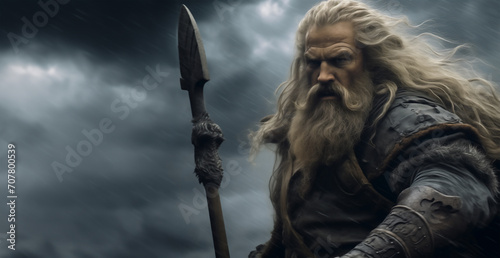 Gray-haired old man, Scandinavian god Odin, is on ship. Viking mythology illustration