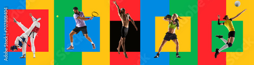 Dynamic images of young competitive people, athletes of different kind of sports in motion against multicolored background. Concept of sport, tournament, competition, game. Banner for sport events