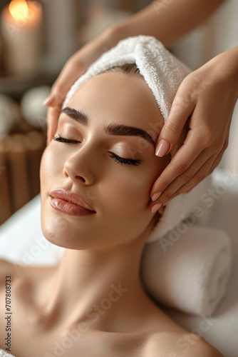 Beautiful woman at a spa with her eyes closed, enjoying a relaxing facial massage. A towel is wrapped around her head, and a professional cosmetologist is seen skillfully massaging her face.