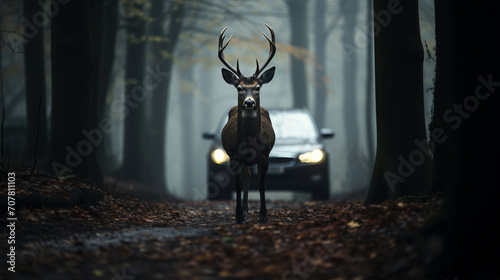 A forest deer crosses the road