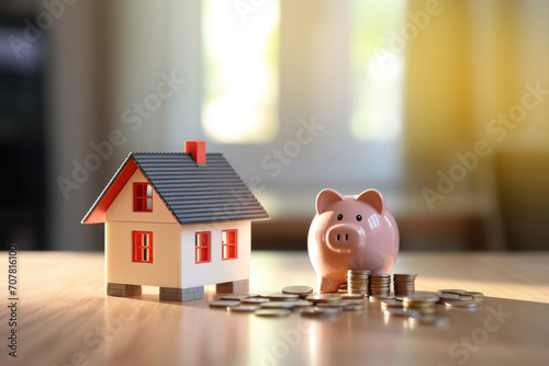 House and pig piggy bank with coins. Real estate and savings. Saving money to maintain property. Municipal budget for the maintenance of buildings. Price cost estimate. Payment of taxes and utilities