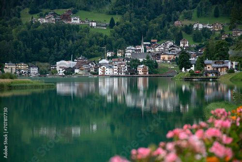 Beautiful lake, Lago di Alleghe, northern Italy (Belluno province).