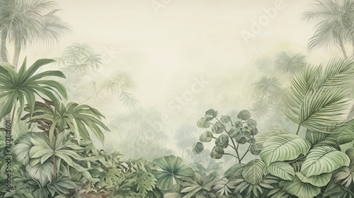 Retro mural photo wallpaper jungle and graceful leaves tropical forest vintage background graphics painting art card poster print interior - generative AI