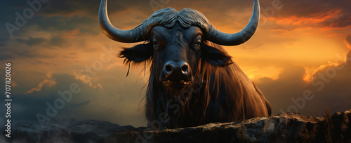 A golden buffalo in a sunset, in the style of macro lens, himalayan art, photo-realistic landscapes, strong facial expression, light black and brown, zaire school of popular painting, unprimed canvas 