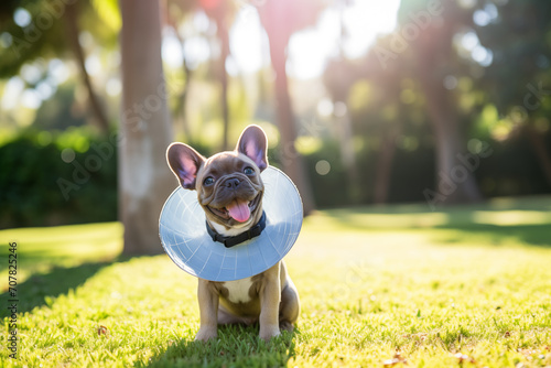 Dog wearing a cone after surgery, treatment in the park, space for text. Generative AI