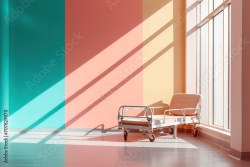  hospital bed near the window against a background of a wall painted in pastel colors, the concept of health care and color therapy