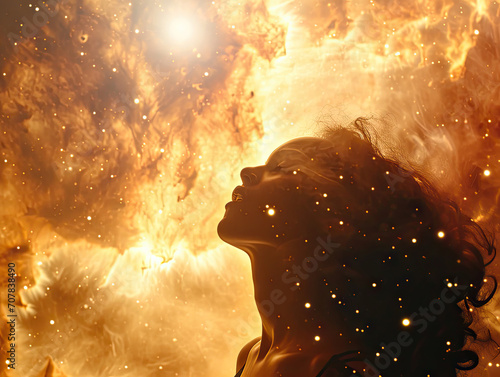 Mujer en el espacio cantando dentro de una nebulosa, espacio, estrellas, fuego, iluminación cinematográfica.