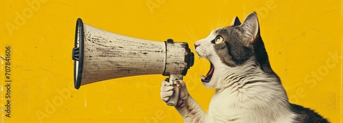 Cat yelling into a megaphone against a vibrant yellow vintage-style background, creating a humorous take on advocacy. Loudspeaker announcing crazy promotions. 
