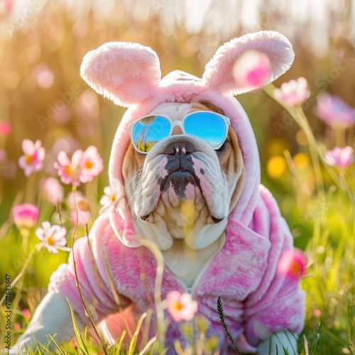 A cool bullodg in a funny easter bunny costume in garden