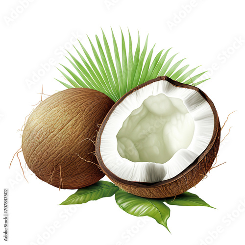 split coconut illustration with green leaves