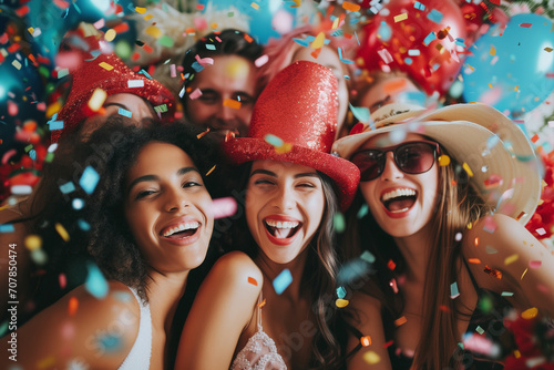 Selfie of happy moments in the photo booth. Group of diverse friends together sharing laughter and positive energy taking a snapshot of the moment. Effervescent glitter with shine and festive essence.