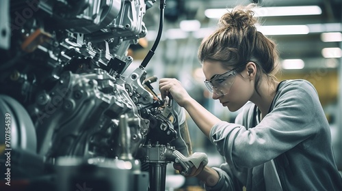 A skilled female technician fine-tuning machinery with utmost detail in an automotive manufacturing unit