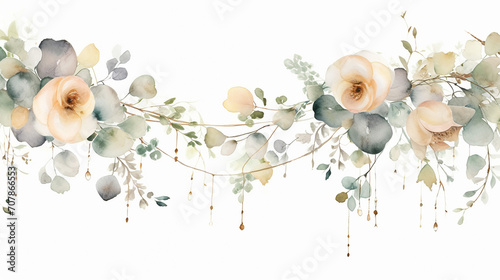 wedding floral design with tree and string watercolor on white background