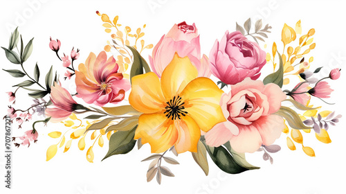 simple elegant yellow pink flower arrangement watercolor on white isolated background