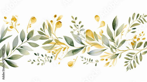 simple design golden greenery wedding watercolor with leaves glittery on white background