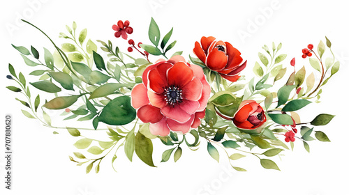 beautiful floral design with red green flower garden watercolor arrangement on white background