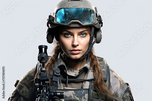 Empowered female soldier in action, embodying strength and courage. Powerful military woman on duty