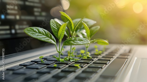 Generative AI, Plant growing from the laptop keyboard. Ecology and environment concept 