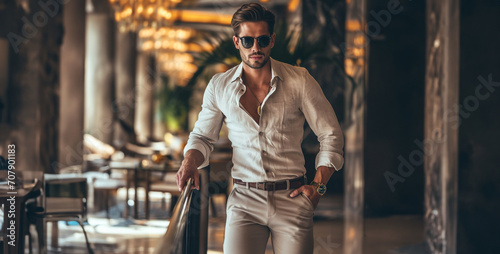 handsome man in luxury casual outfit wearing sunglass, man in the gym