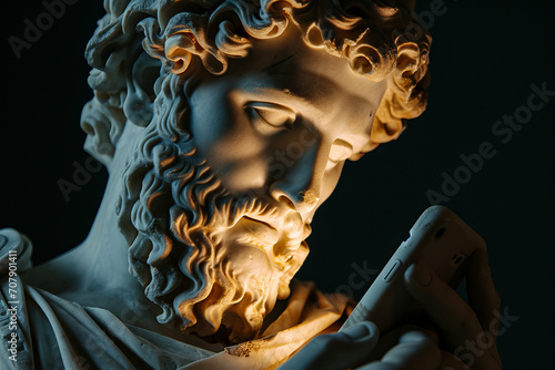 Beautiful ancient Greek god sculpture using a modern phone. with phone screen light on his face, pop art style. black background copy space