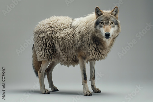 wolf in sheep's clothing isolated on grey studio background with copy space