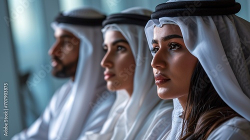 Middle-eastern corporate executives in traditional emirati attire collaborating in a Dubai office - UAE business team strategizing and ideating.