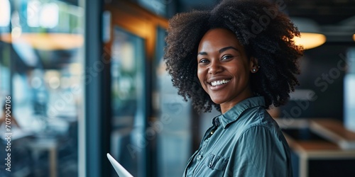 Joyful executive and headshot of an African American female holding a tablet for a training session or collaboration. 