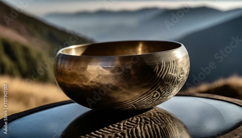 a close-up view of a Tibetan singing bowl, capturing the nuanced contours and reflective surfaces that make this Himalayan bowl a work of art. 