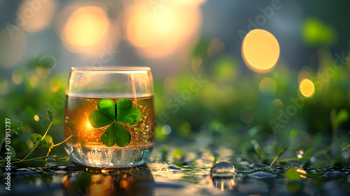 Golden Hued Whiskey Glass With Clover Leaf on a Wet Surface at Dusk