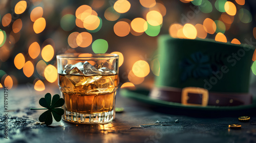Crystal glass full of whiskey next to a shamrock, on a dark surface, with a green top hat and blurred lights in the background, celebrating St. Patrick's Day
