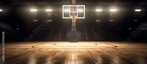 A basketball court with a ball in motion and stadium lights.