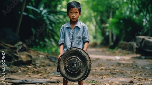 sian boy holds broken and flat wheel which is parked near narrow footpath in the park,