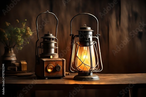 old oil lamp on wooden background