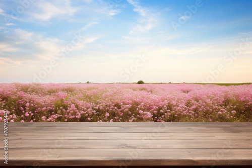 Sunlit pink flower field on wooden desk with advertisement display space