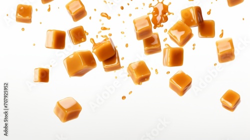 Flying caramel cubes isolated on white background. isolated on white background,