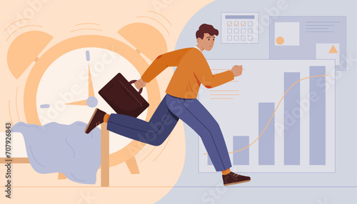 Office worker running late for work. Stressed man is late with deadlines of businesses. Flat vector illustration 