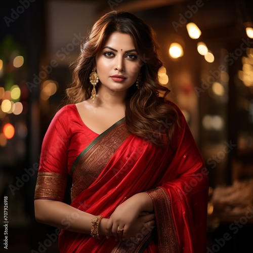 a beautiful chubby Pakistani woman in red saree