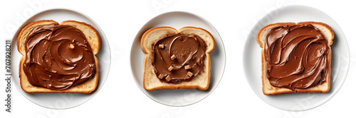 Set of plate of toast with chocolate hazelnut spread top view on transparent background