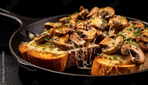 Fresh grilled mushroom bread, a healthy vegetarian gourmet meal generated by AI