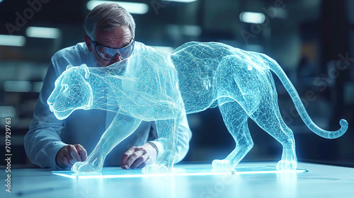 man looking at a 3D hologram of a big cat, probably a panther or a leopard, on a high-tech table in a dark room