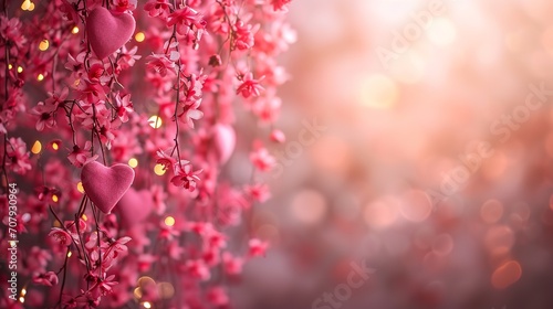 A red bloom on a branch against a light red and pink blurred effect backdrop, space, Generative AI.
