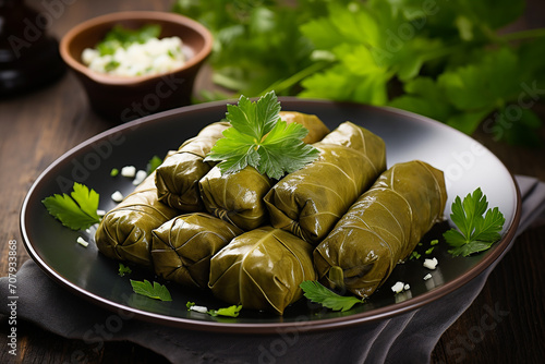 Stuffed grape leaves (dolma) stuffed with a mixture of rice, pine nuts, herbs