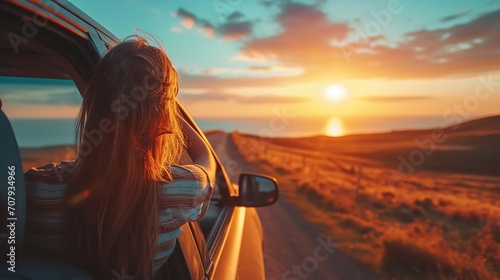 A woman's hand was revealed from the car during a sunset road trip concept, space, Generative AI.